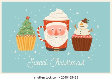 Christmas and Happy New Year illustration with christmas sweets and drink. Trendy retro style. Vector design template.