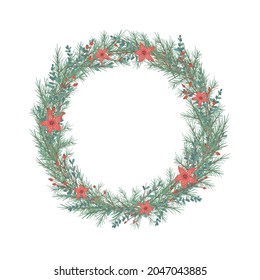 Christmas and Happy New Year illustration with Christmas wreath. Green spruce twigs, poinsettia and red berries. Vector illustration. Nature design greeting card template. Winter vacation.
