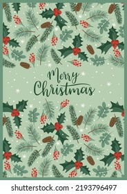 Christmas and Happy New Year illustration with with spruce branches, leaves, berries, snowflakes. Trendy retro style. Vector design template.