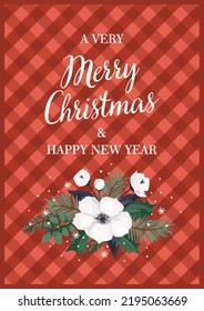Christmas and Happy New Year illustration with Christmas tree and white flowers. Vector design template.