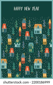 Christmas and Happy New Year illustration. City, houses, Christmas trees, snow. New Year symbols. Vector design template.