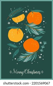 Christmas and Happy New Year illustration. Christmas tree and tangerines. New Year symbols. Vector design template.