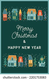 Christmas and Happy New Year illustration. City, houses, Christmas trees, snow. New Year symbols. Vector design template.