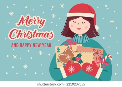 Christmas and Happy New Year illustration of girl with gifts. Vector postcard template