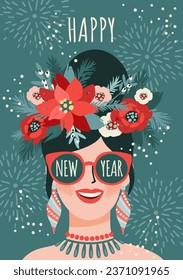 Christmas and Happy New Year illustration of young woman. Trendy retro style. Vector design template.