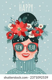 Christmas and Happy New Year illustration of young woman. Trendy retro style. Vector design template.