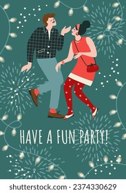 Christmas and Happy New Year illustration of dance party. Trendy retro style. Vector design template.