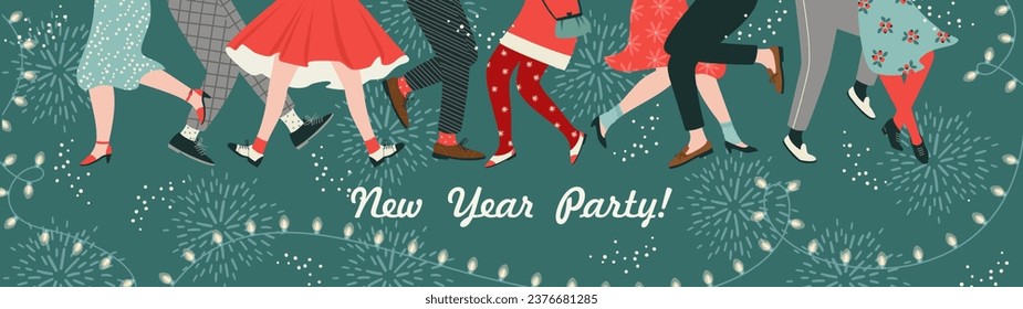 Christmas and Happy New Year illustration of dance party. Trendy retro style. Vector design template.