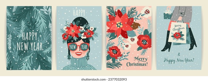 Christmas and Happy New Year illustration for cards and other use. Trendy retro style. Vector design templates.