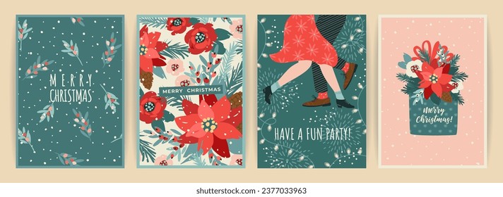 Christmas and Happy New Year illustration for cards and other use. Trendy retro style. Vector design templates.