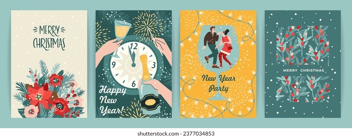 Christmas and Happy New Year illustration for cards and other use. Trendy retro style. Vector design templates.