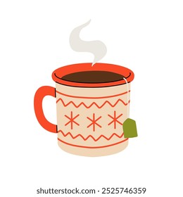 Navidades y feliz año Nuevo ilustración. Tazas de cacao con crema batida, malvavisco y caña de caramelo. Tarjeta de felicitación para Navidad, año Nuevo o vacaciones de invierno. Plantilla de diseño de Vector.