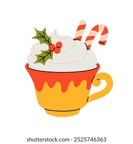 Christmas and Happy New Year illustration. Mugs of cacao with whipped cream, marshmallow and candy cane. Greeting card for Xmas, New year or winter holidays. Vector design template.