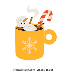 Christmas and Happy New Year illustration. Mugs of cacao with whipped cream, marshmallow and candy cane. Greeting card for Xmas, New year or winter holidays. Vector design template.