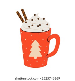 Navidades y feliz año Nuevo ilustración. Tazas de cacao con crema batida, malvavisco y caña de caramelo. Tarjeta de felicitación para Navidad, año Nuevo o vacaciones de invierno. Plantilla de diseño de Vector.