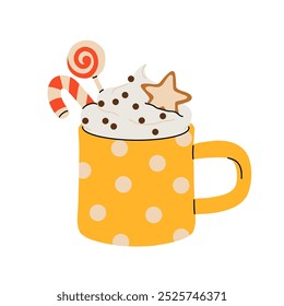 Christmas and Happy New Year illustration. Mugs of cacao with whipped cream, marshmallow and candy cane. Greeting card for Xmas, New year or winter holidays. Vector design template.