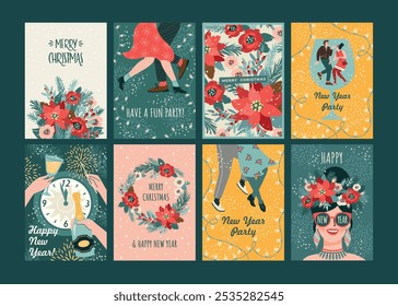 Christmas and Happy New Year illustration for cards and other use. Trendy retro style. Vector design templates.