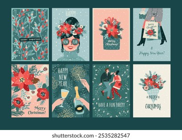 Christmas and Happy New Year illustration for cards and other use. Trendy retro style. Vector design templates.