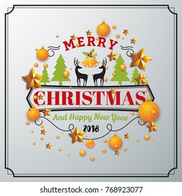 Christmas and Happy New Year illustration with typography and golden stars background. Merry X’mas and holiday design concept for greeting card, poster, banner