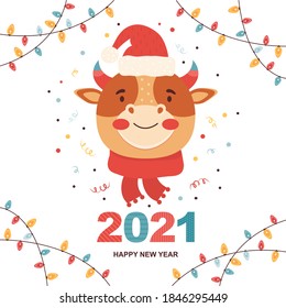 Christmas and Happy New Year illustrations. 2021 mascot is the bull. Cartoon funny character ox in a Santa Claus hat and in a knitted scarf. Close-up of a cow face. Holiday card and banner in vector