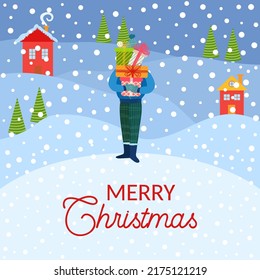 Christmas and Happy New Year illustrations. Trendy retro style. Man with gifts on winter landscape