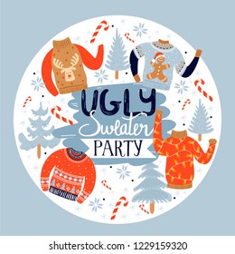 Christmas and Happy New Year invitation template on ugly sweater party. Illustration with ugly sweaters, fir-trees, candy, snowflakes and inscription. Vector illustration.