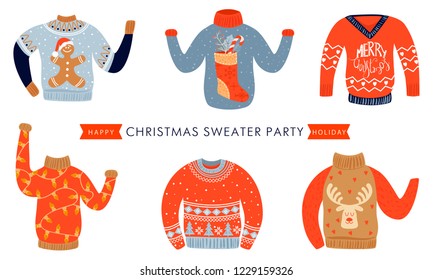 Christmas and Happy New Year invitation template on ugly sweater party. Card with various christmas sweaters. Illustration with inscription. Vector illustration.