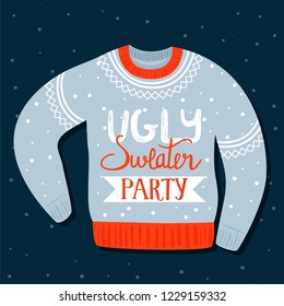 Christmas and Happy New Year invitation template on ugly sweater party. Card with ugly sweater and inscription. Vector illustration.