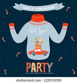 Christmas and Happy New Year invitation template on ugly sweater party. Card with ugly sweater and inscription. Vector illustration.