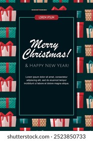 Christmas and Happy New Year invitation. Square shape on gift boxes seamless pattern background.	