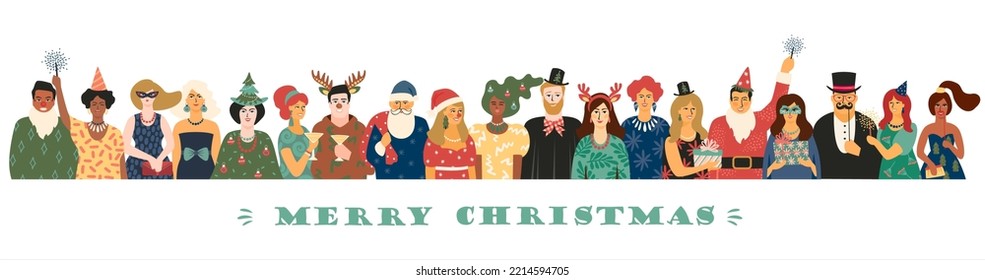 Christmas and Happy New Year isolated illustration with people in carnival costumes. Vector design template.
