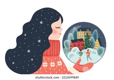 Christmas and Happy New Year isolated illustration with cute woman. Vector design template.