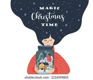 Christmas and Happy New Year isolated illustration with cute woman. Vector design template.