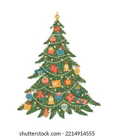 Christmas and Happy New Year isolated illustration of Christmas tree. Vector design template.