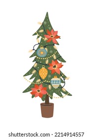 Christmas and Happy New Year isolated illustration of Christmas tree. Vector design template.