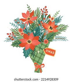 Christmas and Happy New Year isolated illustration of Christmas bouquet. Vector design template.
