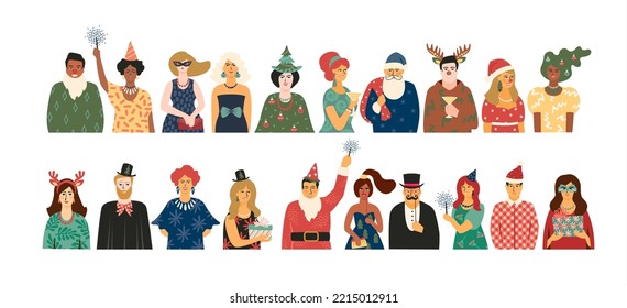 Christmas and Happy New Year isolated illustration with people in carnival costumes. Vector design template.