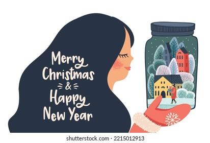 Christmas and Happy New Year isolated illustration with cute woman. Vector design template.