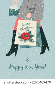 Christmas and Happy New Year isolated illustration. Lady carries gifts. Trendy retro style. Vector design template.