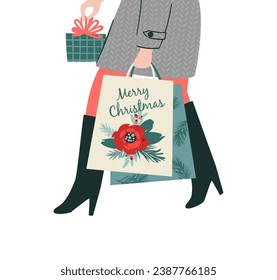 Christmas and Happy New Year isolated illustration. Lady carries gifts. Trendy retro style. Vector design template.