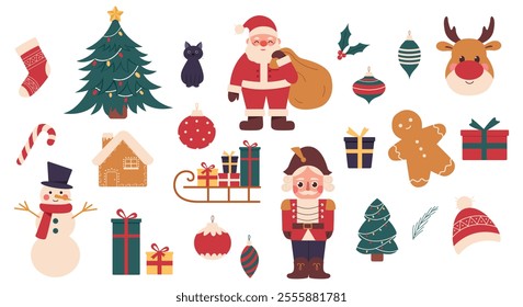 Christmas and Happy New Year items collection. Santa Claus, Christmas tree, snowman,presents,gifts,deer,hat,cat,stockings,ornaments,nutcracker icon set. Colored vector illustration cartoon flat style