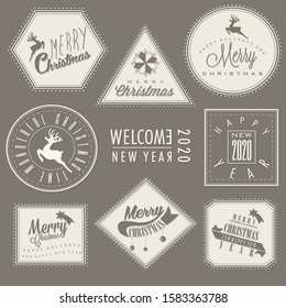 Christmas and happy new year labels and stickers vector set.  Decoration symbols and design elements for Christmas web page, mobile app, poster, banner, greeting card.