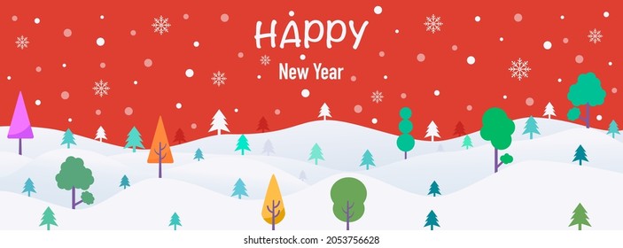 Christmas and happy new year landscape with text HAPPY NEW YEAR, snow and Christmas tree. Design for banner template, social network website cover, poster, cover page. Red background. Vector style.