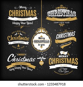 Christmas and happy new year letteting in gold and black colors.Type composition.