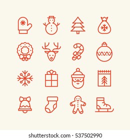 Christmas and Happy New Year line icons set .