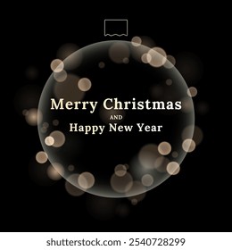 Natal e feliz ano novo fundo de luxo. Abstrato Decoração de árvore de Natal bola transparente com bokeh borrão em preto. Projeto Xmas na moda para cartão de saudação de férias, convites. Vetor 