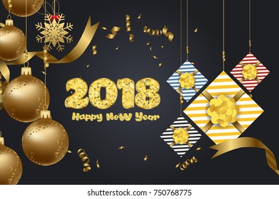 Christmas and happy new year luxury design with festive objects on red background. Calligraphy inscription Merry Christmas