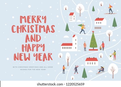 Christmas and Happy New Year. Map of a winter city with houses and with snow-covered trees, walking people. Variety of cozy houses with red roofs under snowfall. Festive seasonal vector illustration.