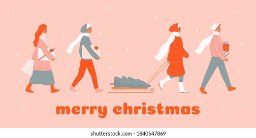Christmas and Happy New Year market, people shopping, buying gifts. People in warm clothes walking and carrying present boxes. Cartoon winter poster, banner, greeting card set. Outdoor activities