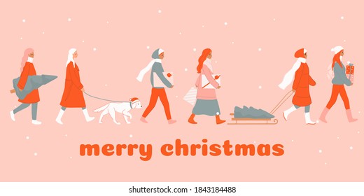 Christmas and Happy New Year market, people shopping, buying gifts. People in warm clothes walking and carrying present boxes. Cartoon winter poster, banner, greeting card set. Outdoor activities